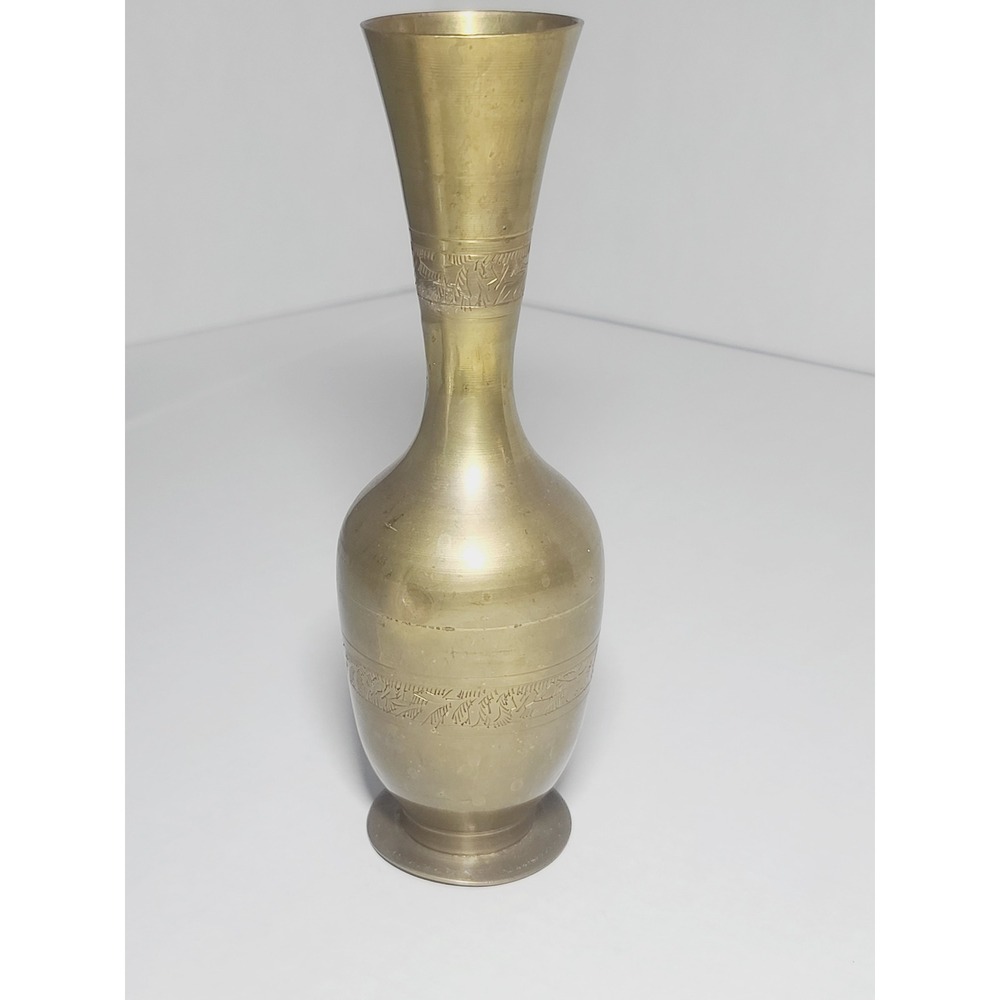 Vintage Etched Brass Bud Vase Slender Flared Rim Boho Home Decor 8.5 Inch